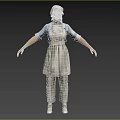 Woman in Blue and White Uniform With Apron Standing with Arms Outstretched