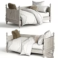 Stylish Wooden Kids Bed With White Frame Striped Bedding Pillows And Furry Cushion