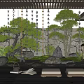 Courtyard Garden Design With Wooden Pergola Stone Lanterns Rocks And Lush Green Trees