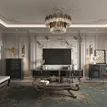 Luxurious Living and Dining Room Interior With Decorative Ceiling Crystal Chandelier Sofa And Coffee Table