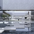 Modern Sales Office Building with Streamlined Design Urban Plaza Marble Flooring Greenery and Ambient Lighting