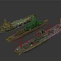 Three Detailed Vintage Ship Models With Colorful Hulls And Deck Features
