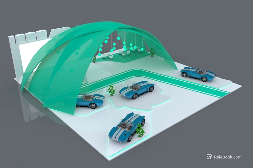Miniature Car Display Scene With Green Arch Structure Blue Toy Cars And Plants 3d model 