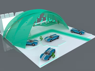 Miniature Car Display Scene With Green Arch Structure Blue Toy Cars And Plants 3d model