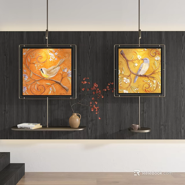 Abstract Paintings With Birds Branches And Patterns On Dark Wooden Wall With Shelf 3d model 