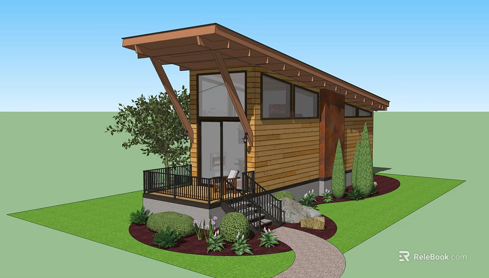 Modern Detached House With Wooden Exterior Porch Overhang And Greenery Pathway 3d model 