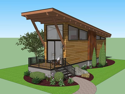 Modern Detached House With Wooden Exterior Porch Overhang And Greenery Pathway 3d model