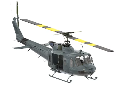Gray Military Helicopter with Yellow Black Striped Rotors and Detailed Exterior 3d model