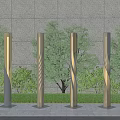 Illuminated Outdoor Lights with Spiral Column Design Against Gray Wall and Green Trees