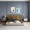 Beige Double Bed with Underbed Storage Drawers Blue Wall Decorative Paintings and Nightstand
