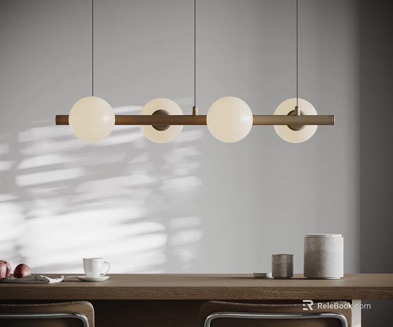 Modern Pendant Light with Four White Globe Wooden Bar Above Dining Table Natural Light 3d model 