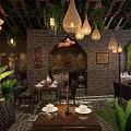 Tropical Restaurant Interior With Hanging Pendant Lights Green Plants And Wooden Ceiling