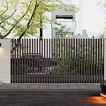 Modern Building Exterior Wall With Wooden Slat Gate Wall Lamps Surrounded By Trees