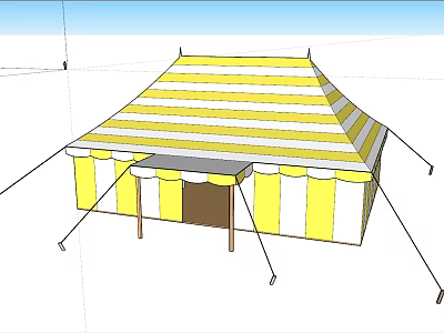 Yellow and White Striped Outdoor Tent with Support Poles and Entrance Design 3d model