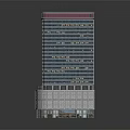 Contemporary High Rise Building Featuring Glass Curtain Walls Stone Base And Red Top