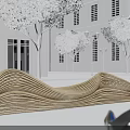 Wavy Wooden Landscape Seating in Modern Public Square with Trees and Streetlights