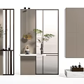 Modern Glass Partition With Metal Frame And Decorative Plants For Living Room Interior