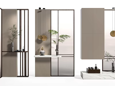 Modern Glass Partition With Metal Frame And Decorative Plants For Living Room Interior 3d model