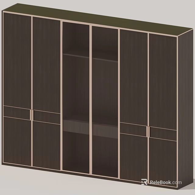 Modern Wooden Wardrobe With Glass Doors Drawers Shelves And Symmetrical Design 3d model 