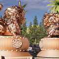 Golden Mythical Beast Sculptures With Ornate Bases Featuring Intricate Carvings Against Lush Trees And Palm Trees