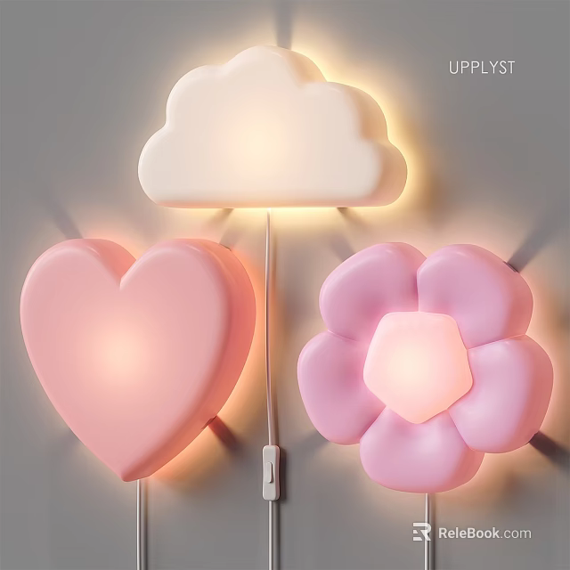 Cute Cloud Heart and Flower Shaped Wall Lamps White Pink Illuminated For Kids Bedroom 3d model 