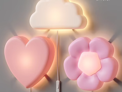 Cute Cloud Heart and Flower Shaped Wall Lamps White Pink Illuminated For Kids Bedroom 3d model
