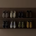 Assorted Colorful Shoes with Casual and Lace Up Styles on Two Tiered Wooden Shelf