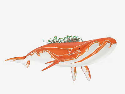 Vibrant Orange Whale with Green Plants Growing on Its Back and Distinctive Design Features 3d model
