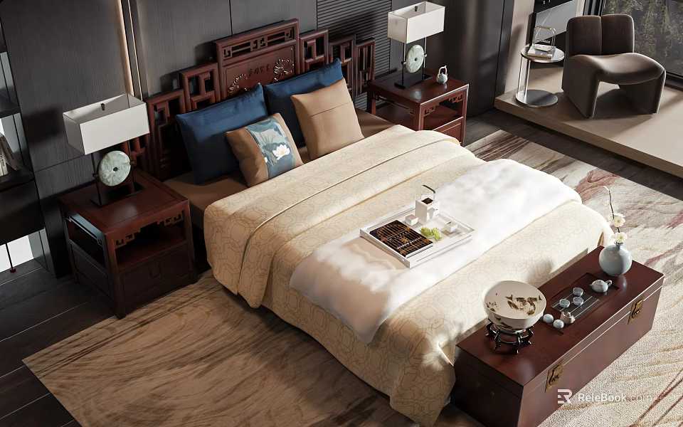 Traditional Wooden Double Bed With Carved Headboard Bedside Tables And Lamps Pillows 3d model 