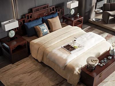 Traditional Wooden Double Bed With Carved Headboard Bedside Tables And Lamps Pillows 3d model