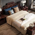 Traditional Wooden Double Bed With Carved Headboard Bedside Tables And Lamps Pillows