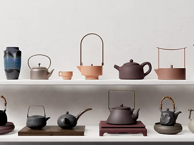 Elegant Ceramic Tea Sets With Various Styles Different Colors Displayed On Wooden Shelves 3d model