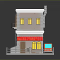 Two Story Detached Villa Exterior Featuring Red Awning Yellow Windows And Red Car