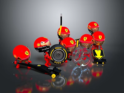 Cartoon Racing Game Characters with Red Helmets Yellow Ferrari Logos Tires and Steering Wheels 3d model