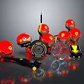 Cartoon Racing Game Characters with Red Helmets Yellow Ferrari Logos Tires and Steering Wheels