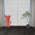 Gray Curtains With White Sheer Panels Red Polka Dot Teddy Bear And Green Plant