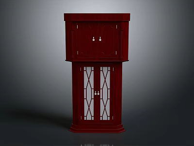 Red Wooden Decorative Cabinet with Carved Cabinet Doors and Lattice Base Design 3d model