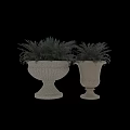 Decorative Ornament Display Set with Two Stone Planters Carved Patterns and Fern Plants