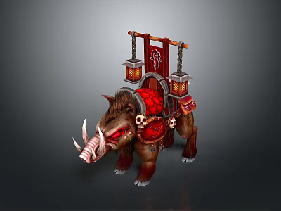 Ornate Boar Mount With Red Saddle Lanterns Banner And Skull Decorations 3d model