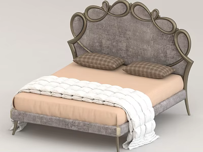Elegant Double Bed with Grey Upholstered Headboard Gold Accents Plaid Pillows and White Knit Blanket 3d model