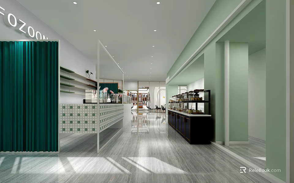 Modern Dessert Shop Interior With Open Space Green Decor Shelves Marble Counter and Tables 3d model 