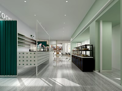 Modern Dessert Shop Interior With Open Space Green Decor Shelves Marble Counter and Tables 3d model