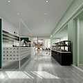 Modern Dessert Shop Interior With Open Space Green Decor Shelves Marble Counter and Tables
