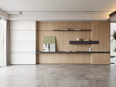 Modern Wooden Bookcase Interior Design With Open Shelves And Decorative Items 3d model