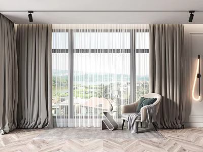 Gray Curtains With White Sheer Panels On Window In Room With Wooden Floor And Armchair 3d model