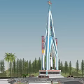 Tall Spire Tower With Red Star Top And Colorful Decorations Surrounded By Palm Trees