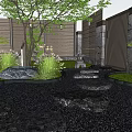Japanese Courtyard Garden With Stone Path Black Gravel Wooden Fence Stone Lantern And Green Plants
