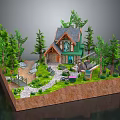 Cartoon Scene With Cozy Small House Tall Green Trees Stone Pathway Lush Lawn And Decorations