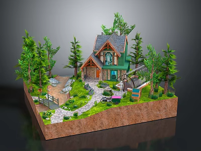 Cartoon Scene With Cozy Small House Tall Green Trees Stone Pathway Lush Lawn And Decorations 3d model