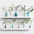 Colorful Glass Vases With Green Foliage Arranged On White Floating Shelves For Home Decor